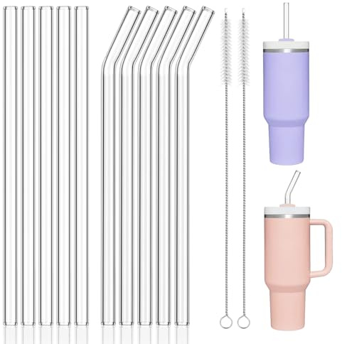 Realjoy 10Pcs Reusable Glass Straws, Replacement Straw for Stanley Cup 30/40oz, 30cm Long Glass Straw with 2 Cleaning Brushes, Clear Straw for Stanley 30/40oz Adventure Tumbler(5 Straight + 5 Bent)