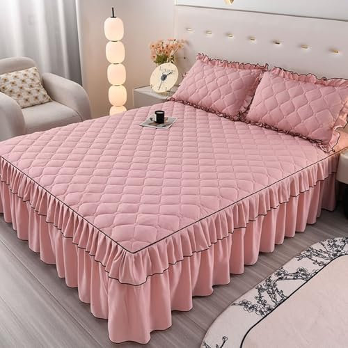 AMDXD Bett Volant mit 2er Kissenbezüge 200x220cm Set 3teilig Verstaubar, Kräuseln Bettrock Tagesdecke Einfarbig Rose Textilien Klassische, Polyester Spannbetttücher für Boxspringbett & Topper