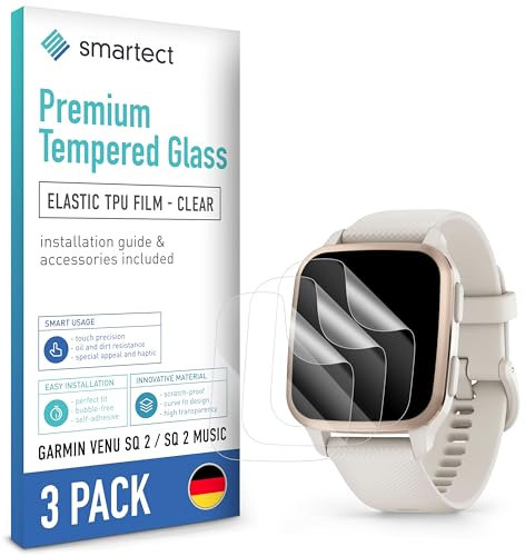 smartect TPU Protector de Pantalla [3 Piezas, Clear] para Garmin Venu Sq 2 / Sq 2 Music, Cubre toda la Pantalla, Película Protectora sin Burbujas, Anti-huella