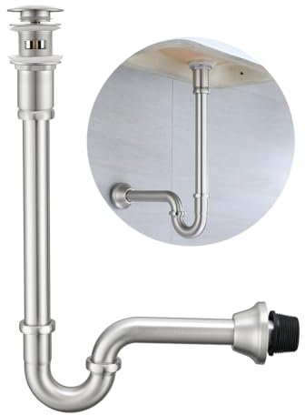 SEABEFORE Brass P Trap with Pop Up Drain Stopper With Overflow,U-Shape 1 1/4 Slip Joint Extension Tub Sink Drain Pipe,12 inch Pipe length Adjustable Height Sink Waste Trap Drain Kit,Brushed Nickel
