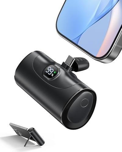 Mini Universal Bateria Externa Carga Rapida Power Bank, 5000mAh Cargador Portatil Movil con Soporte Integrado, Powerbank Conector USB-C Plegable Compatible Samsung iPhone 15/16 etc (Negro Azabache)