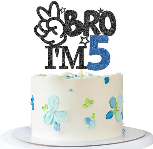 Bro I'm 5 Cake Topper - Boy 5th Birthday Cake Supplies - 5 Years Old - Big Brother 5th Birthday Party Decoration - Black Blue Glitter