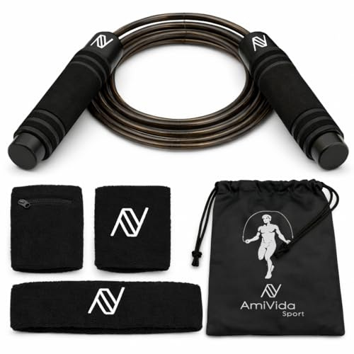 Comba Crossfit Ajustable AmiVida – Cuerda de Saltar de Acero para Fitness, Boxeo y HIIT – Kit con Muñequeras con Bolsillo, Cinta Deportiva y Bolsa de Transporte
