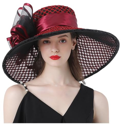Generisch 2025 Damen-Kirchenhut mit breiter Krempe, Sonnenhüte für Hochzeit, Teeparty, Fascinator-Hut Sonnenhut Stoff (L)