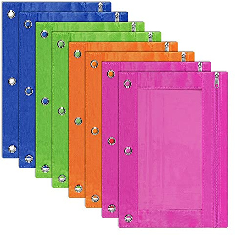 Asyduey 8 Pack 3-Ring Pencil Pouch, Pouch Binder, Multi-Color, Pencil Case, Clear Window, for School Supplies, Office Supplies