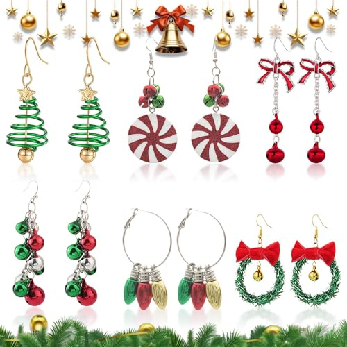 6 Paar Weihnachtsohrringe, Ohrringe Weihnachten, Weihnachtsohrringe Damen, Festliche Ohrringe, Weihnachtsbaum, Süßigkeiten, Schleife, Glocke, Kranz, Lampe, Weihnachtspullover Damen