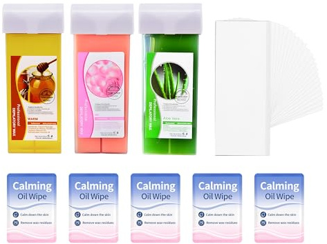 Beauty7 Rosin Wax Cartridge 100g x 3 Natural Resin Roll-On Refill With 50pcs Wax Strips, 5pcs Oil Wipes, Hair Removal Wax for Body & Legs, Suitable for All Skin Types (Aloe Vera + Honey + Rose)