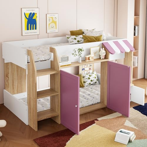 NuvlaGu Lit pour enfant 90 x 200 cm avec espace de rangement et échelle, lit mi-hauteur en bois massif, lit superposé avec aire de jeux, sans matelas (rose)
