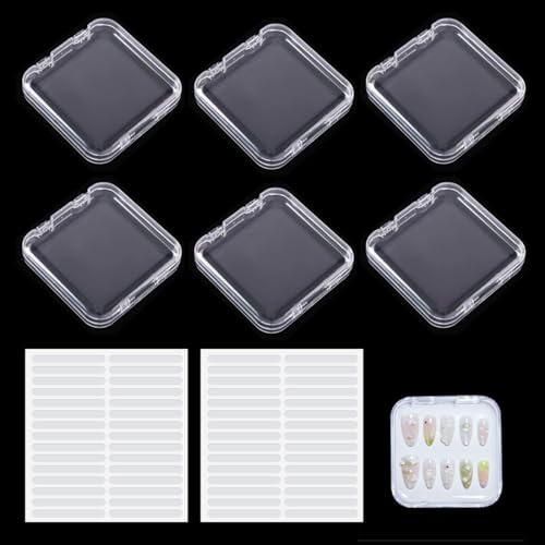 YIPFEN 6 piezas Cajas para Press On con 60 almohadillas adhesivas, Set de uñas, Ideal para accesorios de gel, soft tips y almacenamiento de esmalte, Expositor, soporte y muestrario (Transparente)