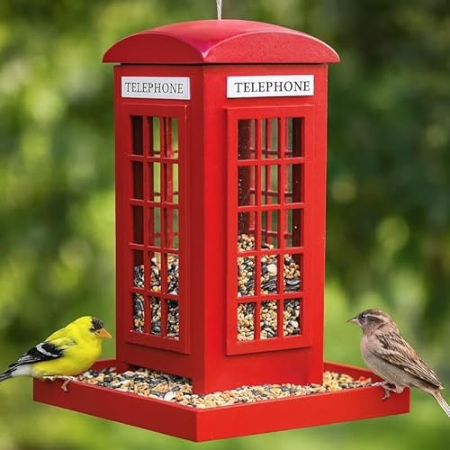 Red Telephone Box Bird Feeder – Hanging Garden Seed Feed Station – Outdoor Wooden Wild Bird Feeding House – Tray with Drainage Holes – British Style Decorative Feeder – Gift for Wildlife & Nature