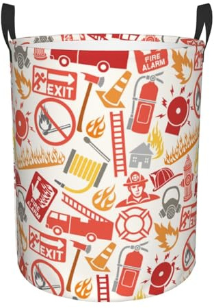 Wäschekorb Feuerwehr-Ikonen Runder Aufbewahrungskorb Tragbar Wäschekörbe Kleidung Wäschebehälter Für Zuhause Kinderzimmer Wohnheim 40X50Cm