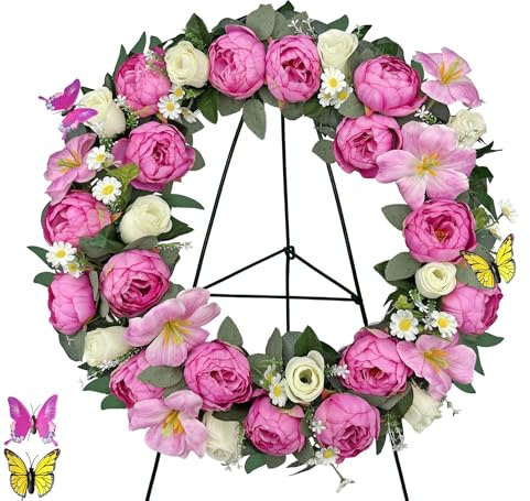 MUVIC Artificial Flower Cemetery Wreath with Grave Holder, Grave Wreaths for Gravesit Decoration for You Loved Ones,Pink Peony White Rose