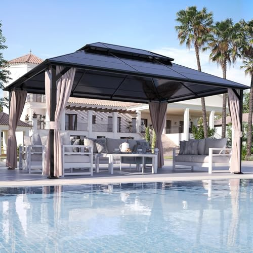 Amopatio Gartenpavillon 4.9x3.7 m Wasserdicht Stabil Winterfest, Pavillon mit Polycarbonat - Doppeldach, Hardtop Pavillon mit Seitenteile für Garten, Terrassen (Champagner)