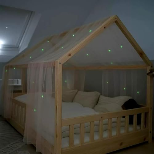 Joyseedi Hausbett Himmel mit leuchtenden Sternen, Hausbett Betthimmel Baldachin Kinderzimmer Deko Geschenk für Mädchen/Jungen, 135x420cm Himmelbett Deko Vorhänge Kinderbetten mit Leuchtsterne