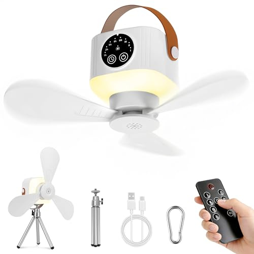 IEEILULU 8000 mAh Ventilador de Techo con Luz, Interior y Exterior Lampara Ventilador Techo Recargable Portatil con Soporte y Gancho, 35 dB Ventiladores Silencioso Accesorios Camping