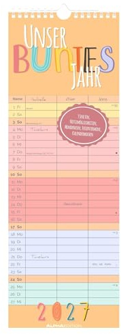 Familienplaner Unser buntes Jahr 2027: bunter Familienplaner 14,9x42 cm mit 3 Spalten, deutschem Kalendarium & Notizfeld, ideal für Familienorganisation