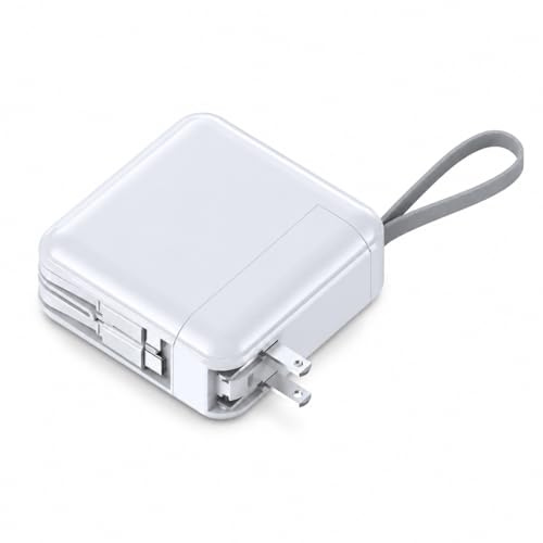 2-in-1 Wall Plug Power Bank, 10000mAh, 22.5W Fast Charging, Built-in Dual Cables compatible with Lightning and USB-C, LED Display, White
