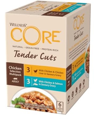 Wellness CORE Tender Cuts, Hühnchen Selection Mix, 6 x 85 g, Nassfutter für ausgewachsene Katzen in Sauce, ohne Zuckerzusatz, getreidefrei, mit hohem Fleischanteil