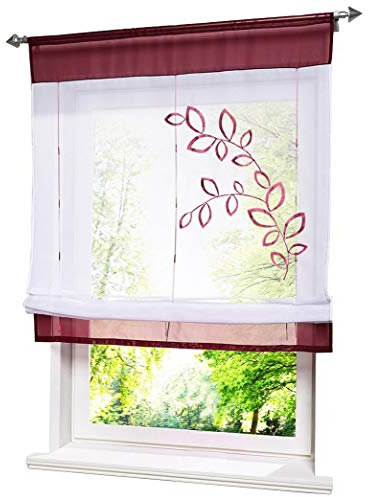 BAILEY JO 1er-Pack Tunnelzug Raffrollo mit Blatt Bestickt Rollos Voile Transparent Vorhang (BxH 60x120cm, Beere)