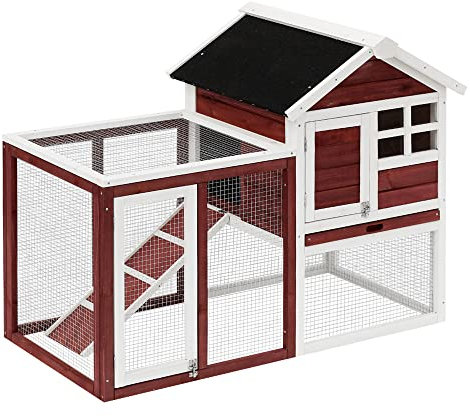 PawHut Clapier Cage à Lapins Multi-équipé : Niche supérieure avec Rampe, Plateau excrément, fenêtre + enclos extérieur sécurisé 2 Portes 122L x 63l x 92H cm Rouge Brique