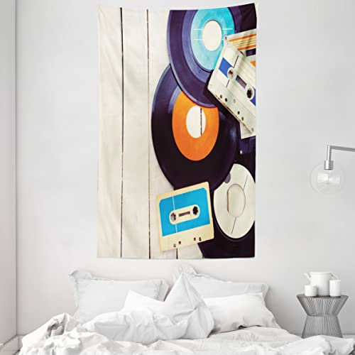 ABAKUHAUS Indie Wandteppich und Tagesdecke, Schallplatten Audio aus Weiches Mikrofaser Stoff Waschbar ohne Verblassen Digitaldruck, 140 x 230 cm, Schwarz Orange