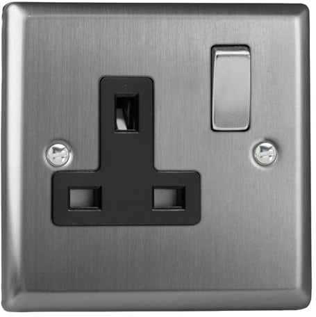 Varilight Single Switched Plug Socket - Classic Brushed Steel With Brushed Steel/Black Insert, XT4DB