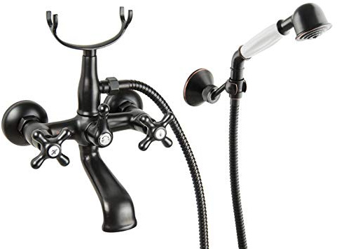 PaulGurkes schwarze Badewannen Armatur Wannenarmatur Handbrause Zweigriffmischer Retro Nostalgie Design Wanneneinlauf Brausehalter Brausekopf schwarz Landhausstil verstellbare Neigung Duschschlauch