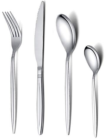 HOMQUEN Couverts à Couverts en Argent, 24 Pièces, Ustensiles en Acier Inoxydable, Ensemble de Service pour 6, Fini miroir, Va au Lave-Vaisselle (Argent)