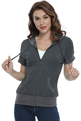 MISS MOLY Damen Kurzarm Kapuzenpullover Sweatjacke Hoodie Sweatshirt mit Reissverschluss Dunkel Grau X-Large