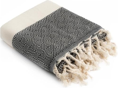 HolyDays® Strandtuch XXL 100x180cm aus 100% Baumwolle Oeko-TEX® | Hamamtuch | Badetuch | Saunatuch | Peshtemal | Fouta | Picknickdecke | groß | saugstark | extra leicht | Damen | Herren (Schwarz)