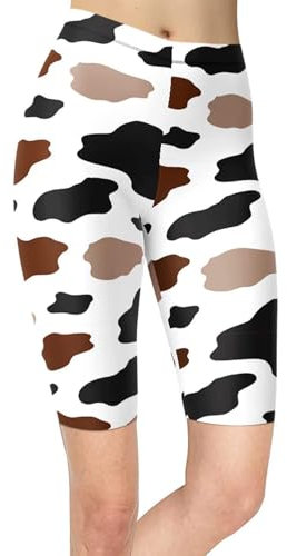 sissycos Damen Leopardenmuster Kurze Leggings, Tier Muster Radlerhose Fitness High Waist Kurz Hosen, Push up Laufhose Damen Blickdicht Short fü Sommer(Schwarzbraunes Kuhmuster,L-XXL)