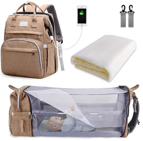 SNDMOR Wickeltasche Rucksack, wickelrucksack mit bettfunktion Großer, Multifunktionale Diaper Bag Mit Wickelunterlage, Kinderwagen-Haken, Geeignet für Mama und Papa (Khaki)