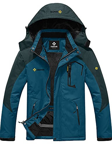 GEMYSE Herren Wasserdichte Berg-Skijacke Winddichte Fleece Outdoor-Winterjacke mit Kapuze (Lilablau Dunkelgrau,XL)