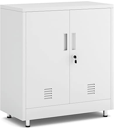 JINGUR Metal Storage Cupboard with Locking Doors and Adjustable Shelf, Small Lockable Sideboard Buffet Cabinet for Home Office Hallway Entryway Living Dining Room (White)