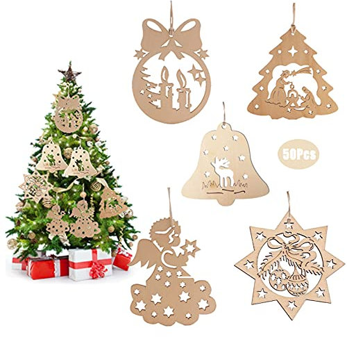 50Pcs Ornamenti Natalizi in Legno, Pendenti Decorazioni Ciondoli per Albero Di Natale con Corda di Canapa Spago per Appendere Finestra a Muro