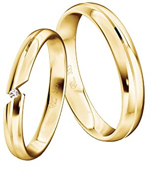 JC Trauringe Gold 333 Paarpreis Poliert I Traumhafte Eheringe I Einzigartige Partnerringe Gelbgold mit Gravur in edler Schatulle I 2 Hochzeitsringe Damenring mit Steinen & Herrenring ohne I ICT09