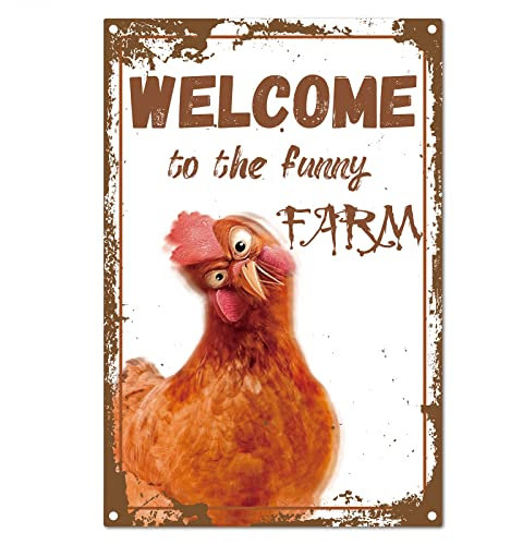 CREATCABIN Bienvenue à la Ferme Drôle Signe Poulet Métal Étain Signes Rétro Affiche Vintage Décoration Murale Garage Ferme Jardin Bar Club Salle de Bain Porte Jardin Décorations 20 x 30 cm