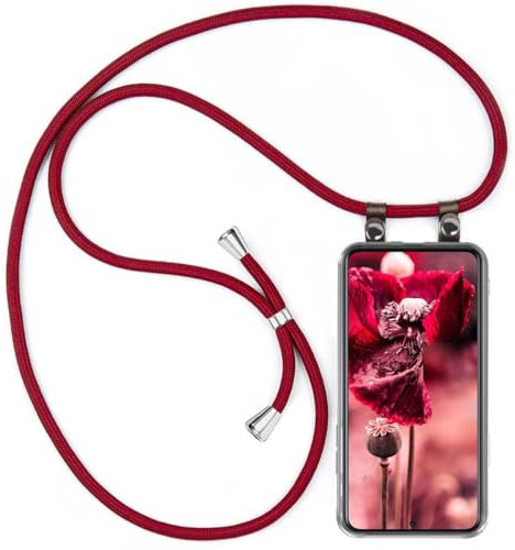 moex Handykette für Samsung Galaxy S22 Hülle mit Band abnehmbar, Handyhülle mit Kette zum Umhängen, Handyband 155 cm lang Stoff Kordel Umhängehülle, Handy Umhängeband, Weinrot