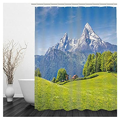 Banemi Duschvorhang mit Ringen, Duschvorhang für Gardinengleitung Blau Grün Gebirge Polyestergewebe 165X200cm für Eck Dusche mit 12 Duschvorhangringen
