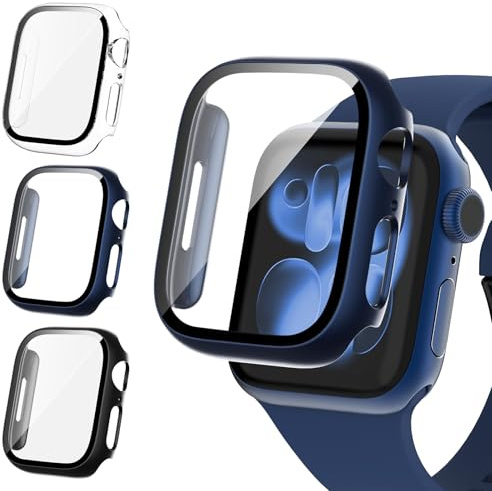 Fullife 3 Pack Screen Protector 44mm Compatible for Apple Watch Series 6/5/4/SE(2025-2020) with 9H Tempered Glass,Overall Shockproof Cover Protective Case for iWatch 44mm(Black/Blue/Transparent)