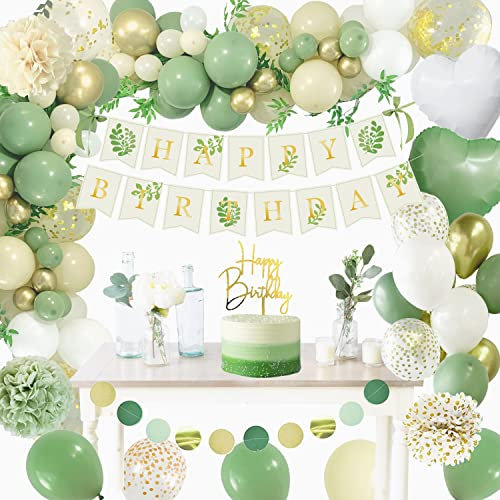 Geburtstagsdeko Grün Gold,Deko Geburtstag Mädchen,Dschungel Kindergeburtstag Deko mit Happy Birthday Banner Ballon Girlande Pompons Grün für Junge Frauen Geburtstag Party Deko