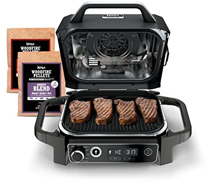 Ninja OG701 7-in-1 Outdoor Electric Grill & Smoker - Grill, BBQ, Air Fry, Bake, Roast, Dehydrate & Broil - Uses Woodfire Pellets - Portable & Weather Resistant