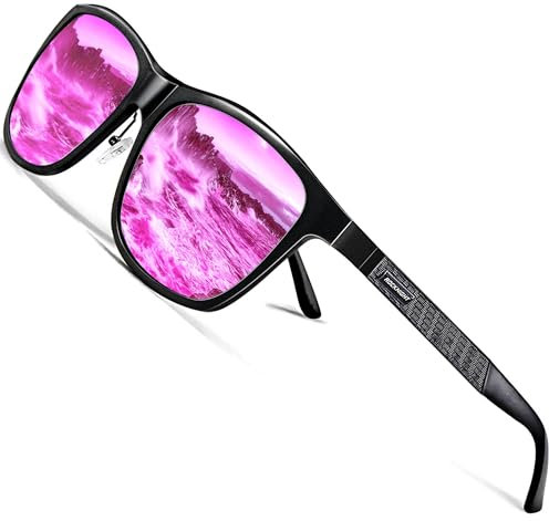 ROCKNIGHT Lunettes de soleil polarisées HD pour homme et femme Protection UV400 Cadre en métal Al-Mg Lunettes de soleil légères d'extérieur, Monture noire/verres roses, M
