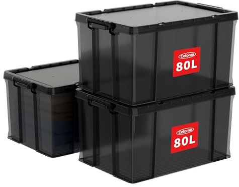 Cetomo 80L*3 Storage Boxes, Stackable Storage Box with Lids, Heavy-Duty Lidded Container with Reinforced Corners, Vertical Sides and Clip Closure, Durable, Plastic, Clear Black, 80L-3Pack