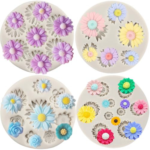 Sijiangmold Silikonformen mit Gänseblümchen, Chrysanthemen, Fondant, kleine Blume, Schokoladenform für Kuchendekoration, Süßigkeiten, Gummipaste, Basteln, Polymerton, 4 Stück