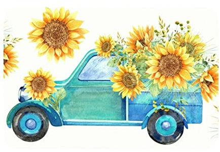 Eslifey Fußmatte für den Innenbereich, Willkommens-Fußmatte, Sonnenblumen, blau, LKW, Zuhause, dekorativer Eingangsteppich, Garten/Küche/Schlafzimmermatte, rutschfester Gummi, 40,6 x 61 cm
