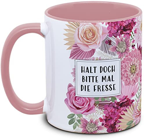Tassenkasper - Tasse mit Blume und Spruch - Halt doch bitte mal die Fresse - Geschenk für Kollegin, Tasse lustig