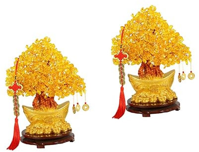 HOMSFOU 2st Citrin Glücks Baum Feng Shui Geldbaum Bonsai-geldbaum Chinesischer Glücksbaum Glück Baumschmuck Kreative Dekoration Mit Barrenbasis Citrinbaum Kleiner Barren Schreibtisch Harz