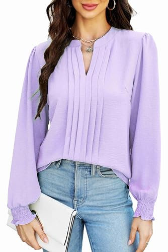 Teesho Damenblusen Elegant V-Ausschnitt Casual Langarm Oberteile Plissee vorne Arbeit Shirts Tunika Hemd Tops (HellLila/M)