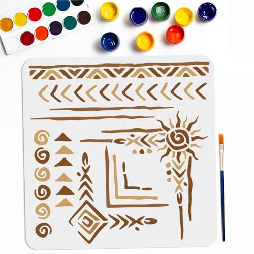 MAYJOYDIY Tribal-Totem-Schablone, 30 x 29 cm, geometrische Tribal-Bordür-Schablonen mit Pinsel, Boho-Aztekenmuster, indische Ecke, Zeichenschablone für Bastelarbeiten, Möbel, Stoff, Wand